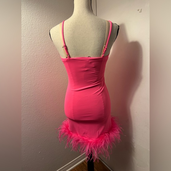 White Fox Boutique Hot Pink Feather Hem Mini Dress - Picture 3 of 10